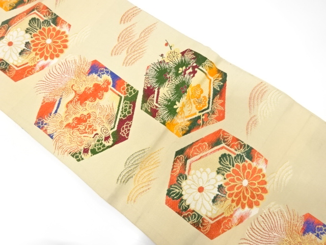 アンティーク　唐獅子に菊・松模様織り出し丸帯（材料）